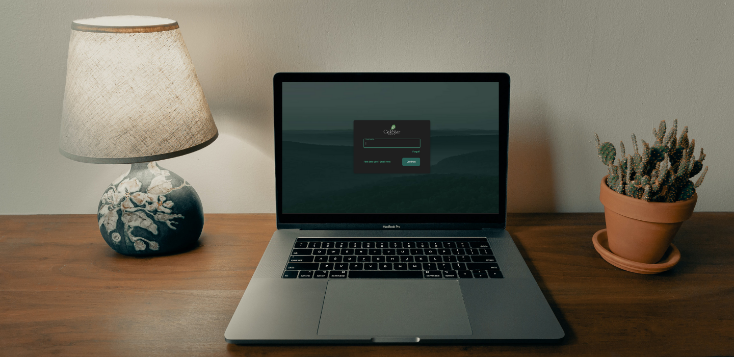 Laptop with our online banking mockup on desk with lamp and a plant