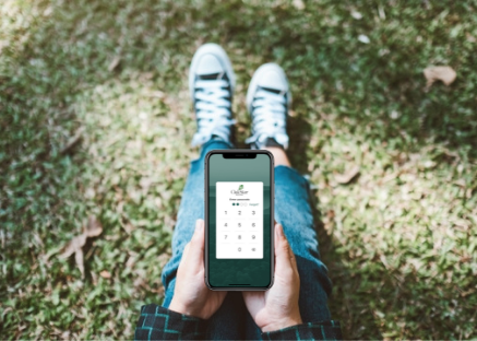 Looking at mobile banking while sitting on the grass outside