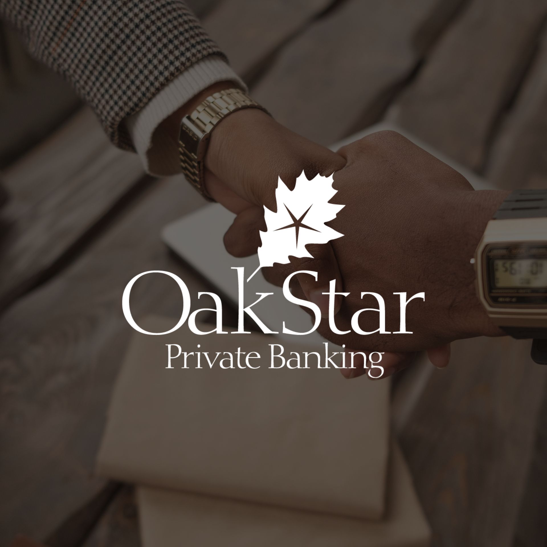 Oakstar logo overlaying people shaking hands