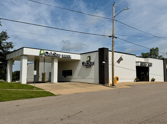 OakStar Bank's Urbana branch at 109 N Main, seen from the parking lot.