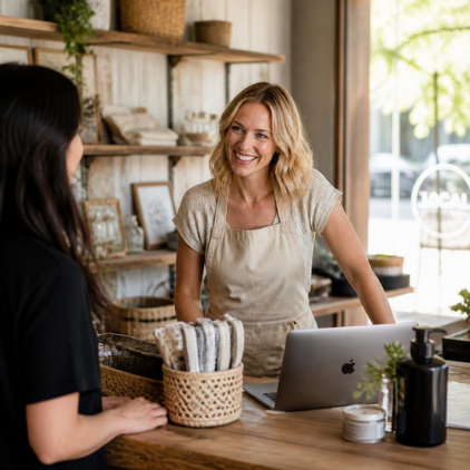 A business owner reviewing check activity with Positive Pay tools.