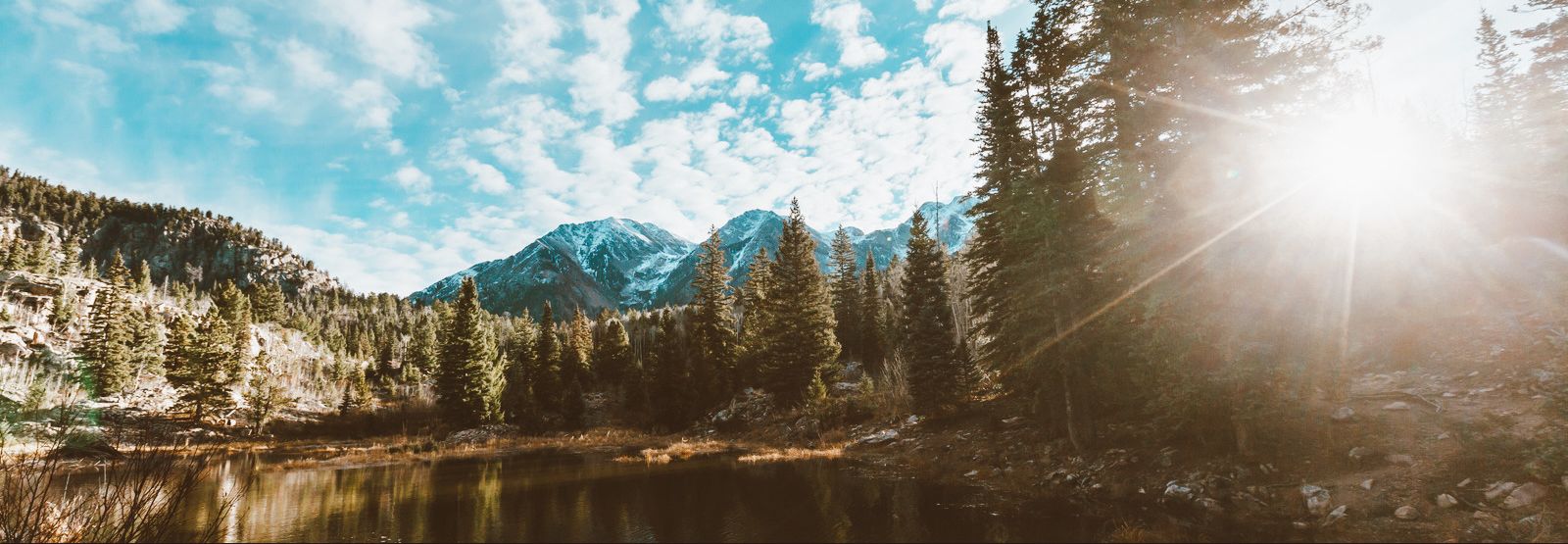 A scenic view of a pond, mountains, and greenery.