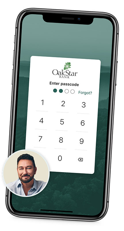 A customer securing an OakStar Bank account with mobile banking security features.