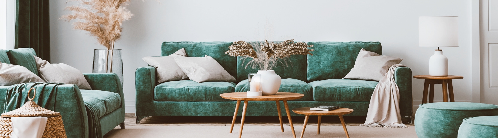 Teal couch in a living room