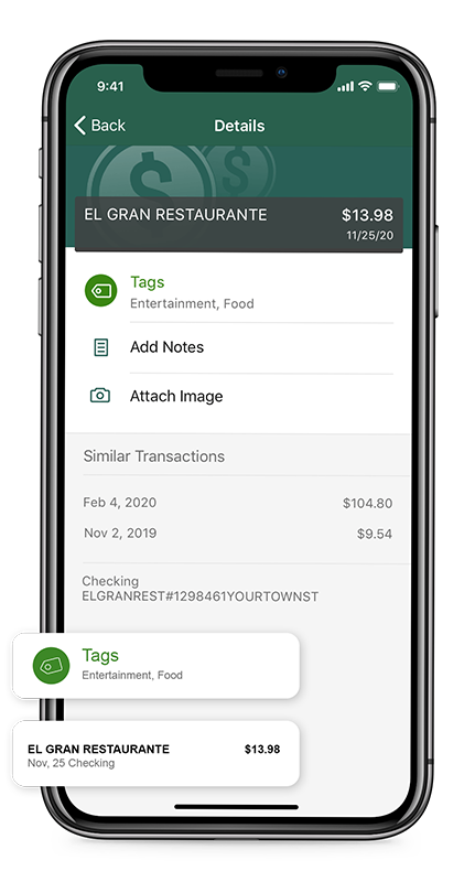 A customer organizing transactions in the OakStar Bank mobile app.