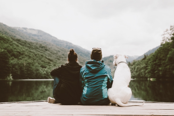 Family with their dog sitting on the dock looking at the views