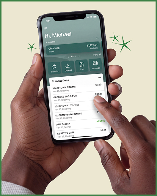 A customer using OakStar Bank online and mobile banking on a smartphone.