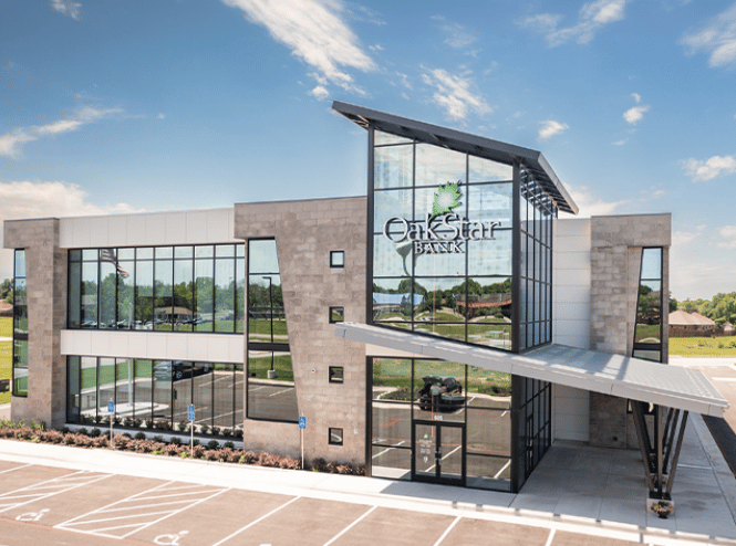 OakStar Bank's Nixa branch at 605 W Aven Avenue, seen from the parking lot.