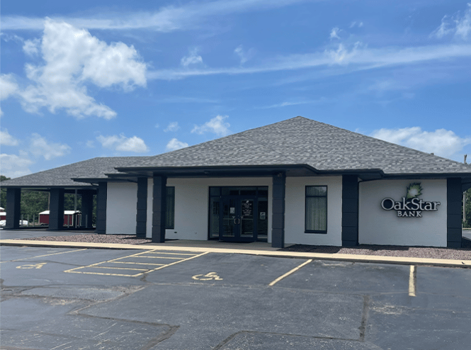 OakStar Bank's Macks Creek branch at 14469 W US Hwy 54, seen from the parking lot.