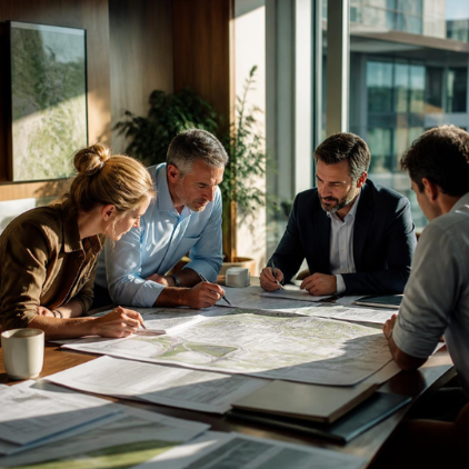 Business professionals reviewing affordable housing project financing plans.