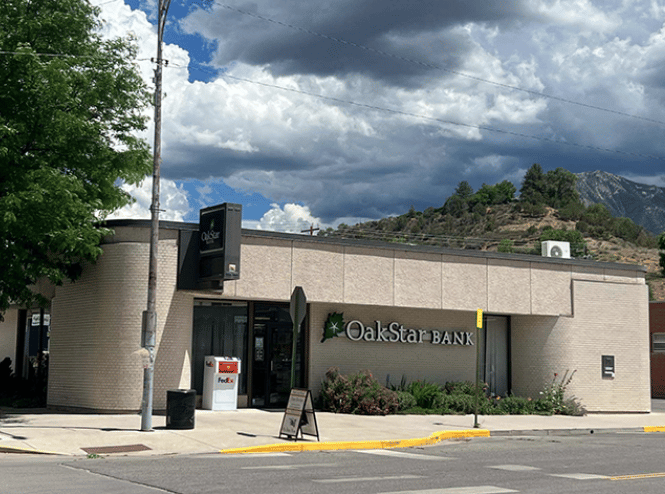 OakStar Bank's Paonia branch at 133 Grand Avenue, seen from the parking lot.