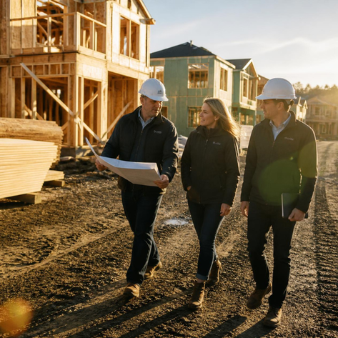 Business professionals discussing affordable housing development opportunities.