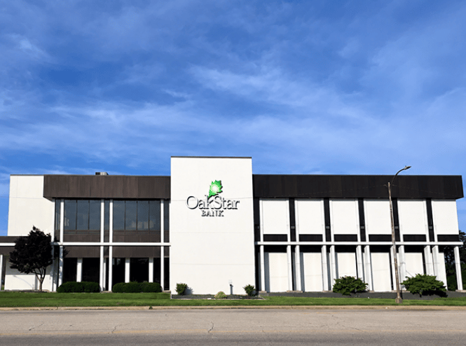 OakStar Bank's Camdenton branch at 117 N Business Route 5, seen from the parking lot.